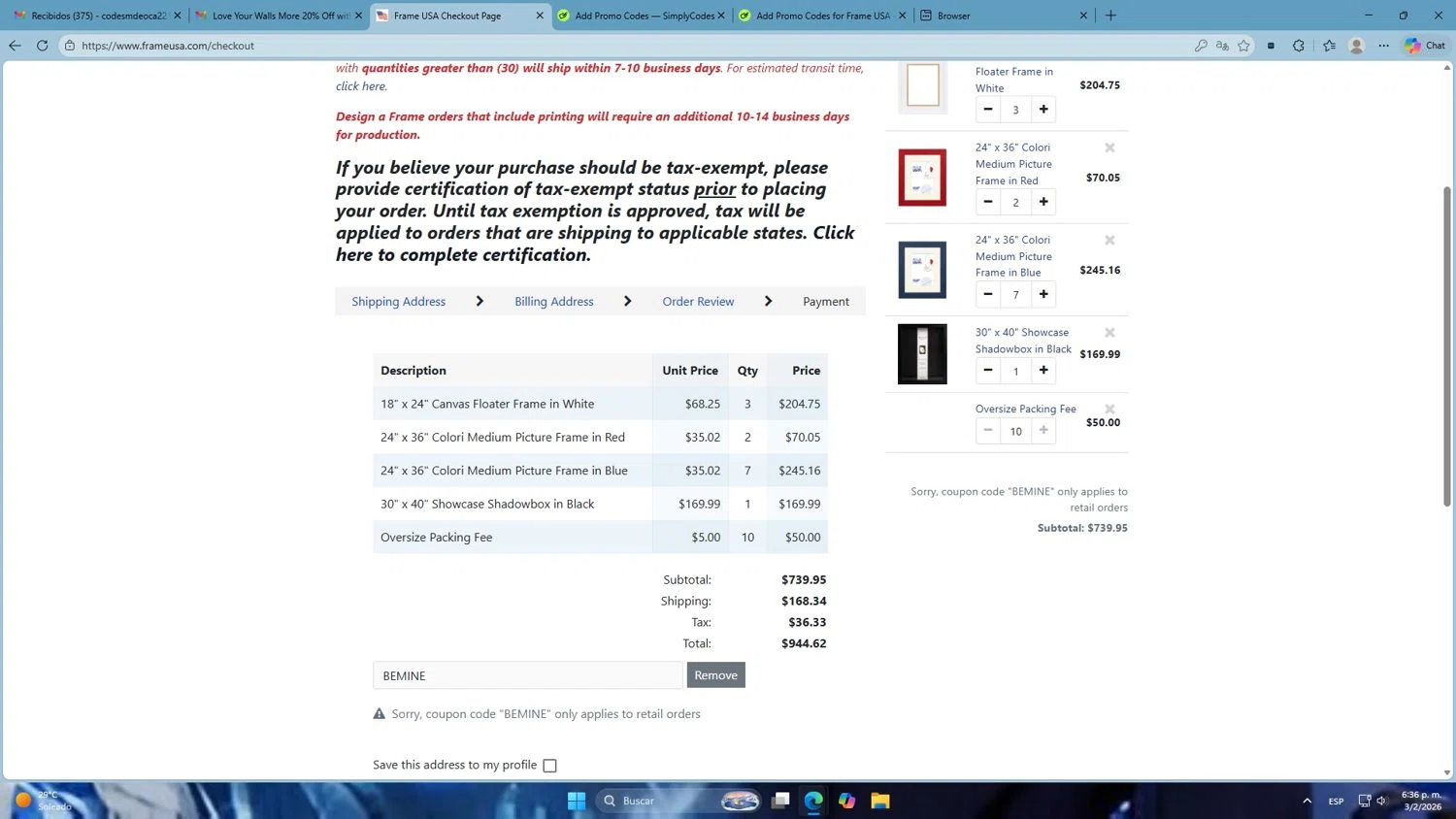 Frame USA coupon code screenshot showing code BEMINE applied at Frame USA checkout page. Uploaded by SimplyCodes community member Mdeoca on Feb 3, 2026