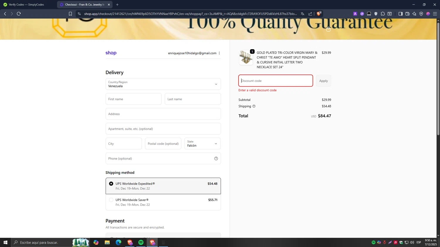 Fran & Co. Jewelry discount code screenshot showing code SPRING20 applied at Fran & Co. Jewelry checkout page. Uploaded by SimplyCodes community member Carlos54 on Dec 7, 2025