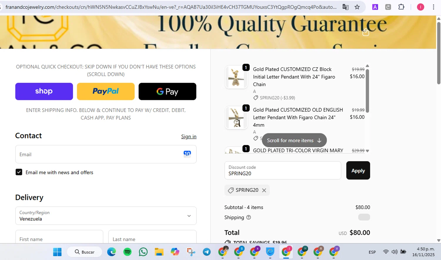 Fran & Co. Jewelry discount code screenshot showing code SPRING20 applied at Fran & Co. Jewelry checkout page. Uploaded by SimplyCodes community member Weknd557 on Nov 16, 2025