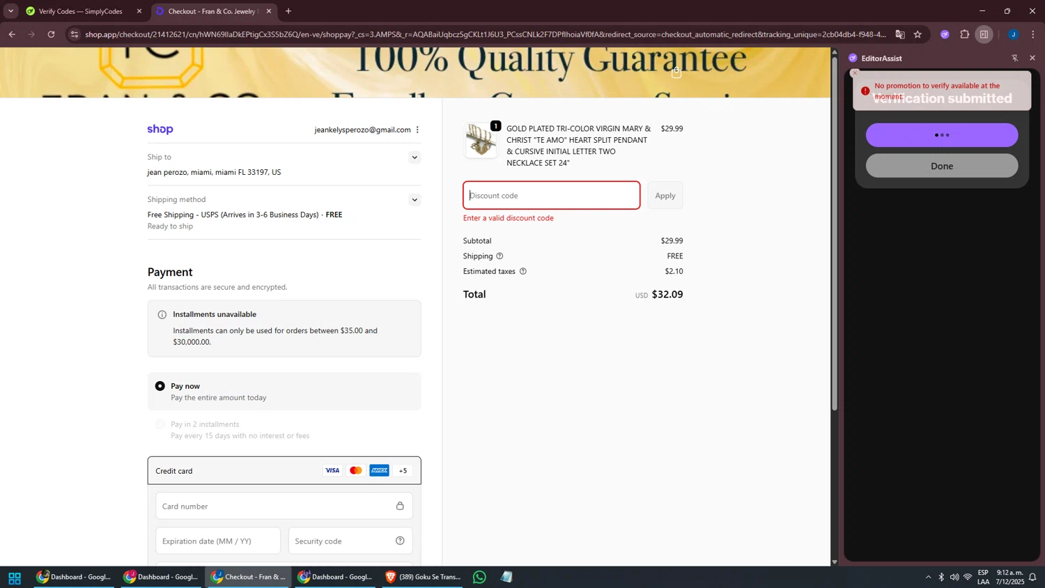 Fran & Co. Jewelry discount code screenshot showing code SPRING20 applied at Fran & Co. Jewelry checkout page. Uploaded by SimplyCodes community member oscarbeaujon on Dec 7, 2025