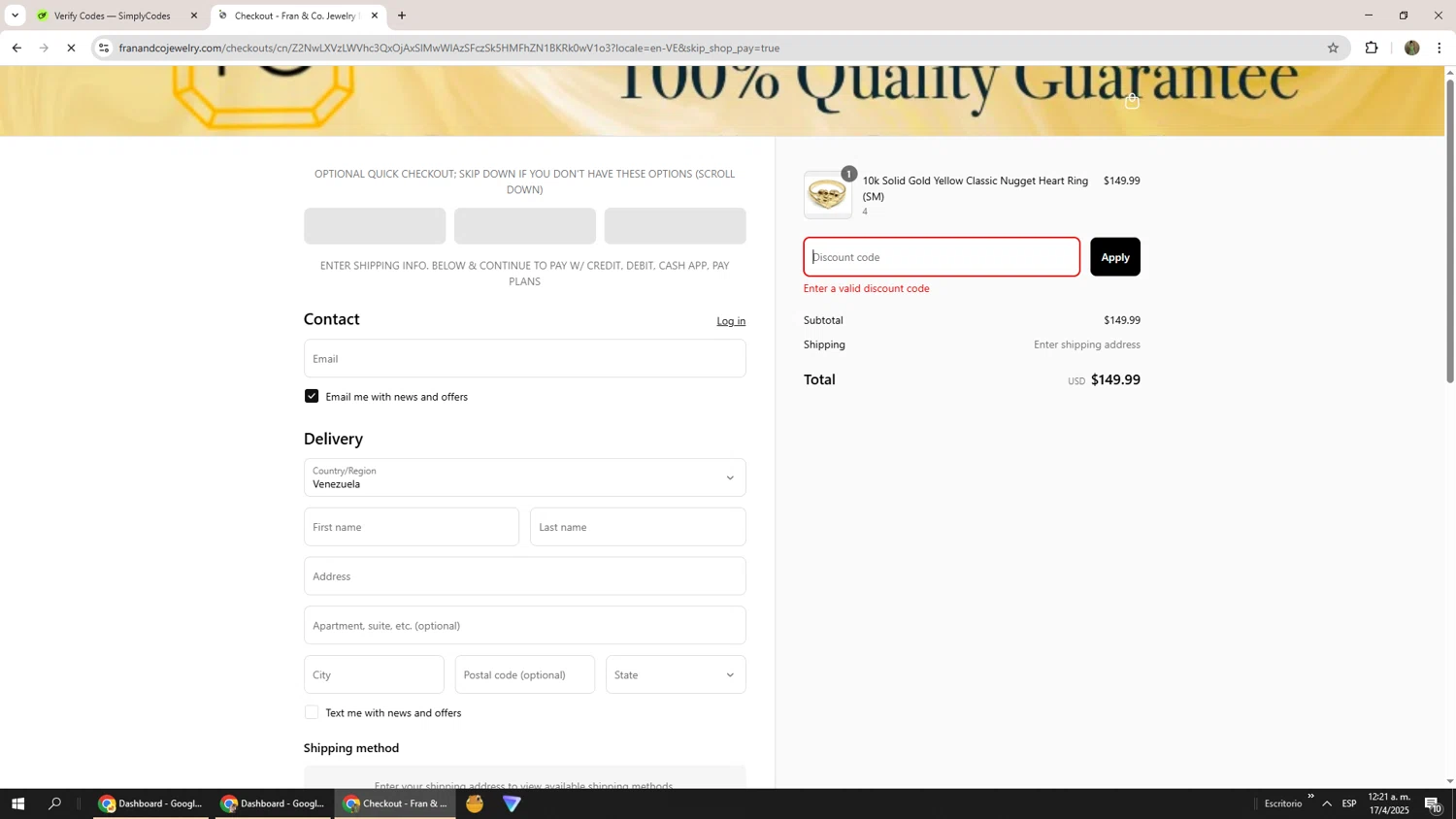 Fran & Co. Jewelry discount code screenshot showing code SPRING07 applied at Fran & Co. Jewelry checkout page. Uploaded by SimplyCodes community member Phoenix585 on Apr 17, 2025