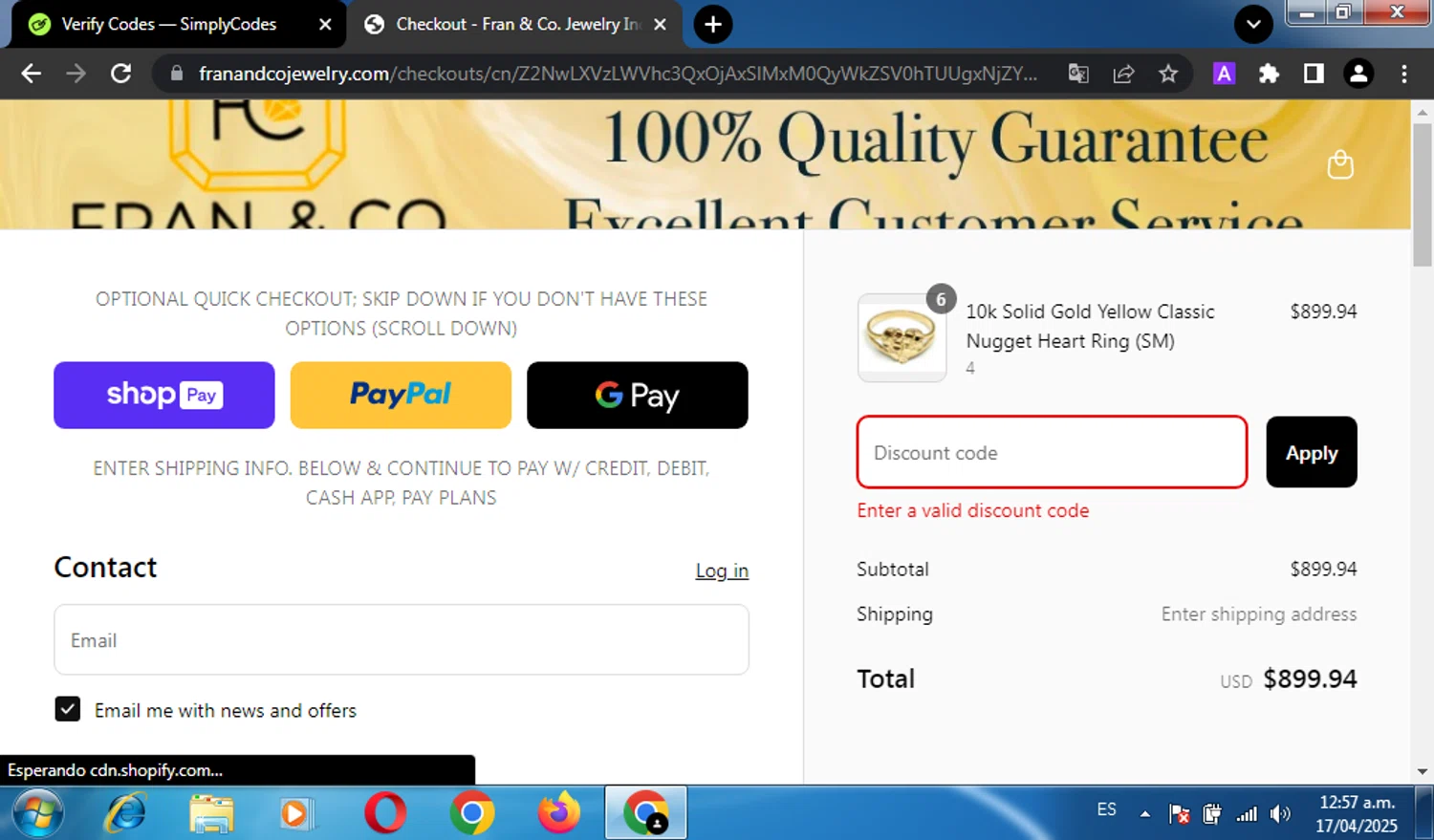 Fran & Co. Jewelry discount code screenshot showing code SPRING07 applied at Fran & Co. Jewelry checkout page. Uploaded by SimplyCodes community member miguel02 on Apr 17, 2025
