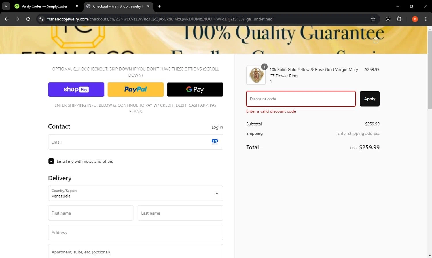 Fran & Co. Jewelry discount code screenshot showing code BFCM12 applied at Fran & Co. Jewelry checkout page. Uploaded by SimplyCodes community member acostaacosta on Jan 3, 2025