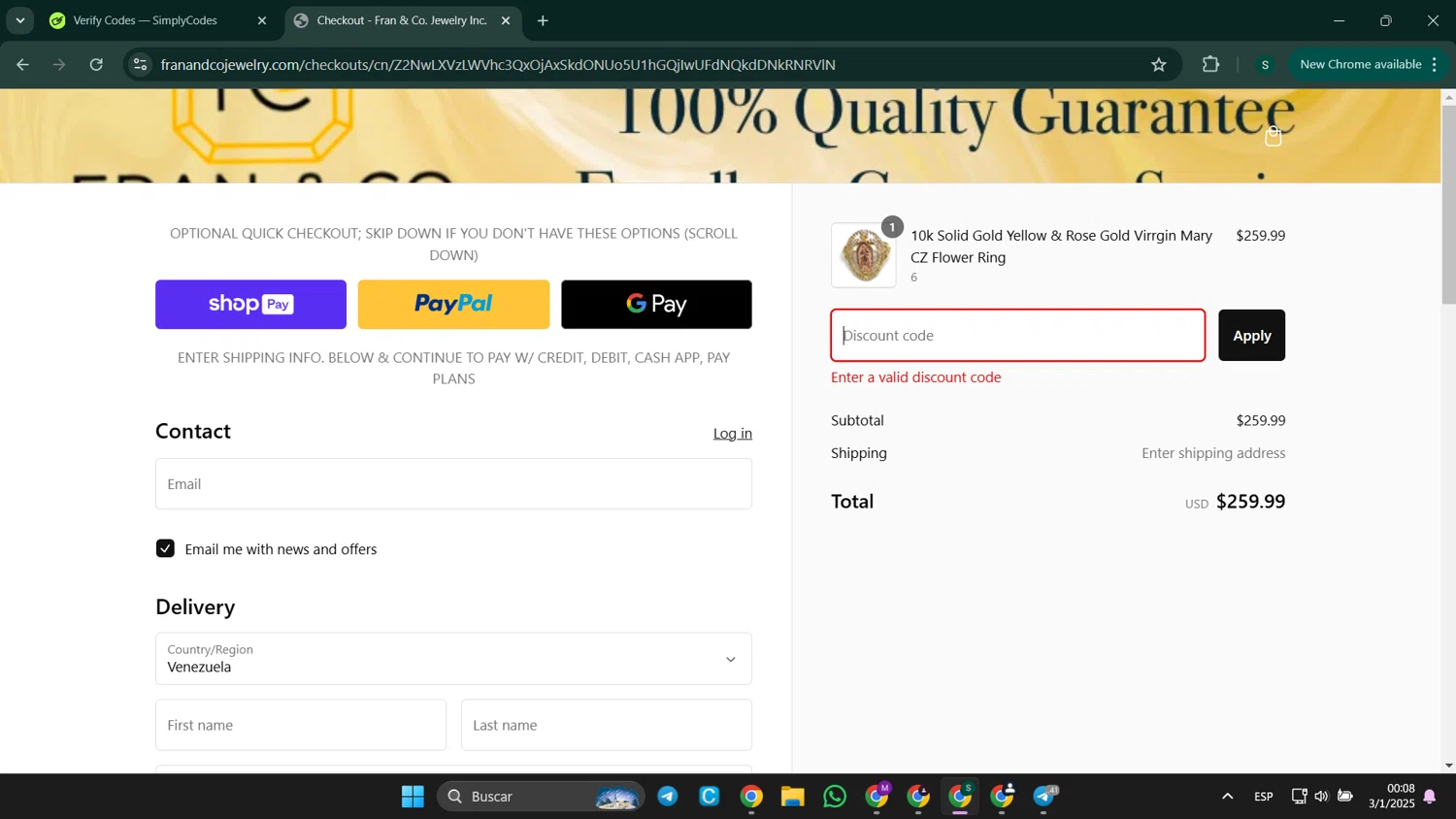Fran & Co. Jewelry discount code screenshot showing code BFCM12 applied at Fran & Co. Jewelry checkout page. Uploaded by SimplyCodes community member SaleHunter9008 on Jan 3, 2025