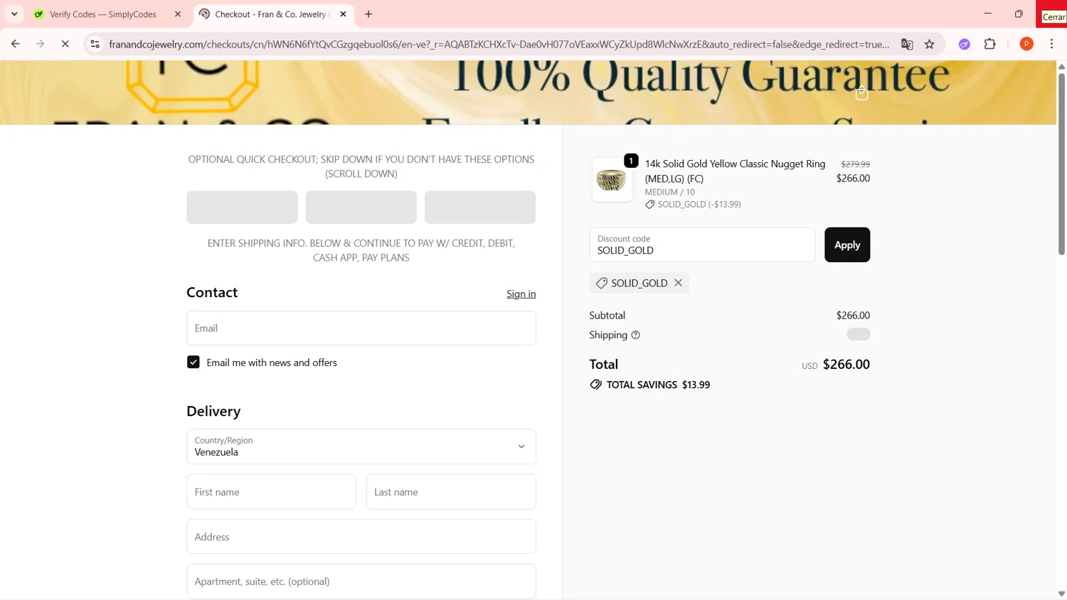 Fran & Co. Jewelry checkout page showing Fran & Co. Jewelry discount code box | Screenshot taken by SimplyCodes community member on Dec 13, 2025