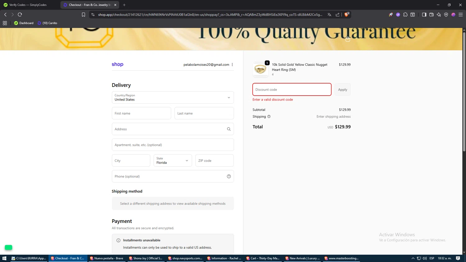 Fran & Co. Jewelry discount code screenshot showing code goldplated20 applied at Fran & Co. Jewelry checkout page. Uploaded by SimplyCodes community member Monitos on Dec 7, 2025