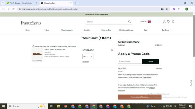 Franco Sarto checkout page showing Franco Sarto promo code box | Screenshot taken by SimplyCodes community member on Jul 22, 2025