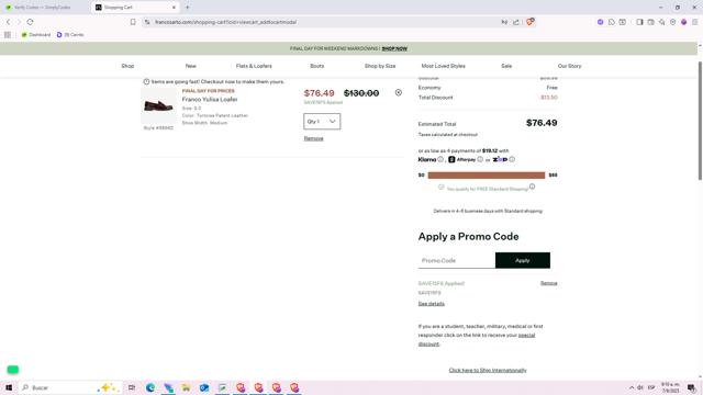 Franco Sarto checkout page showing Franco Sarto promo code box | Screenshot taken by SimplyCodes community member on Sep 7, 2025