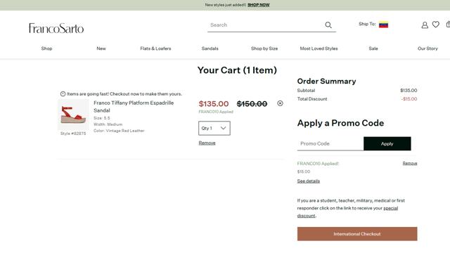 Franco Sarto checkout page showing Franco Sarto promo code box | Screenshot taken by SimplyCodes community member on Jul 22, 2025