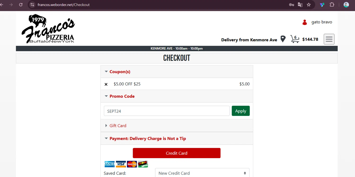 Franco's Pizza promo code screenshot showing code SEPT24 applied at Franco's Pizza checkout page. Uploaded by SimplyCodes community member elgatobravo on Oct 12, 2025