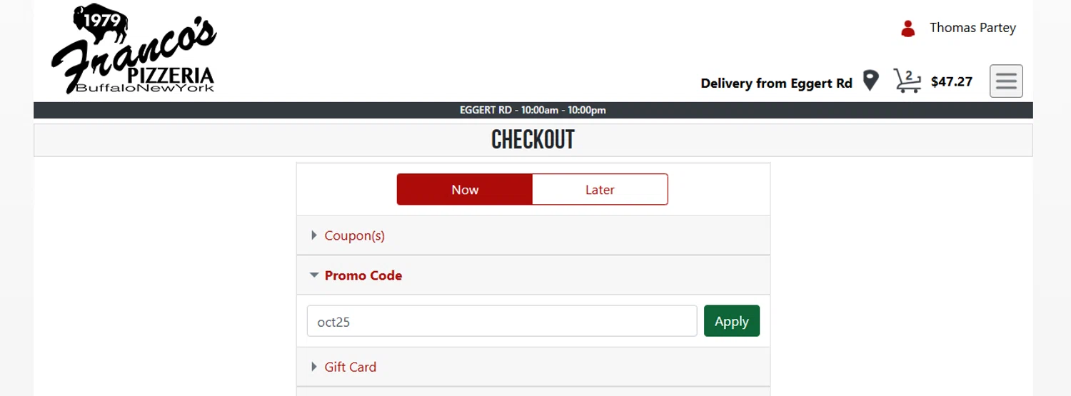 Franco's Pizza promo code screenshot showing code oct25 applied at Franco's Pizza checkout page. Uploaded by SimplyCodes community member fettywap on Oct 27, 2025