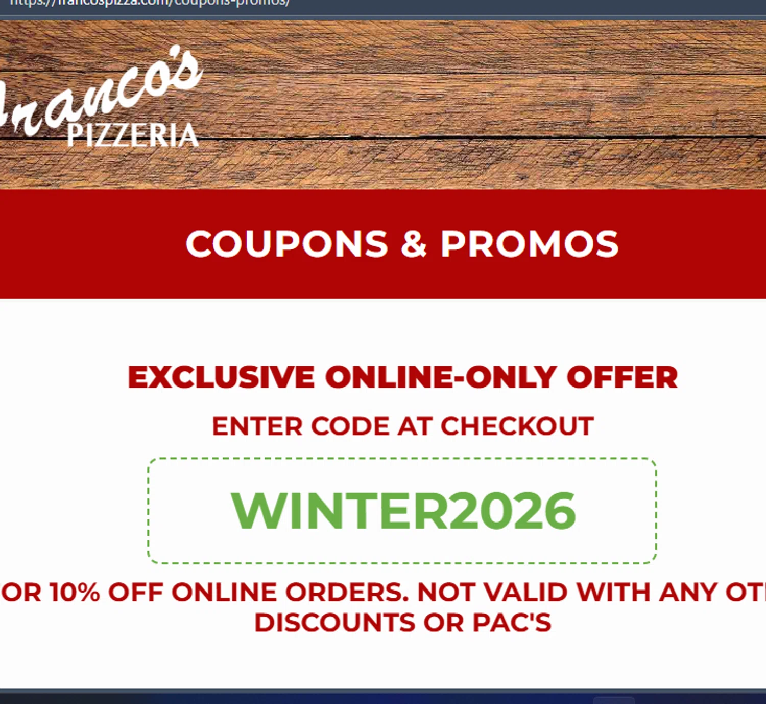 Franco's Pizza promo code screenshot showing code WINTER2026 applied at Franco's Pizza checkout page. Uploaded by SimplyCodes community member chepipi on Dec 15, 2025