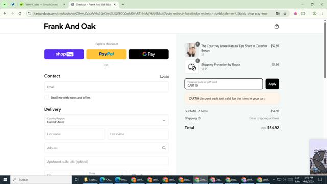 Frank & Oak checkout page showing Frank & Oak coupon code box | Screenshot taken by SimplyCodes community member on Apr 6, 2025