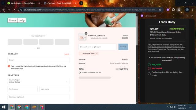 Frank Body checkout page showing Frank Body discount code box | Screenshot taken by SimplyCodes community member on Aug 8, 2025