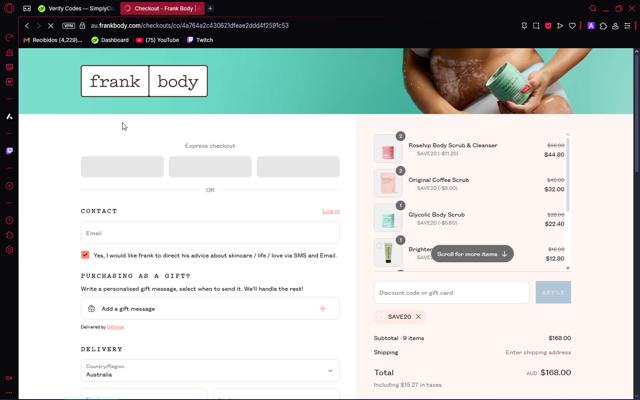 Frank Body checkout page showing Frank Body discount code box | Screenshot taken by SimplyCodes community member on May 12, 2025