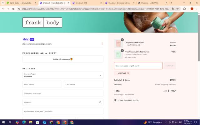 Frank Body checkout page showing Frank Body discount code box | Screenshot taken by SimplyCodes community member on Mar 19, 2025