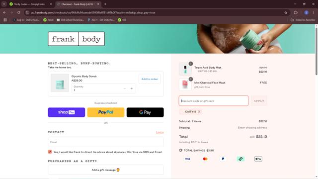Frank Body checkout page showing Frank Body discount code box | Screenshot taken by SimplyCodes community member on Mar 15, 2025