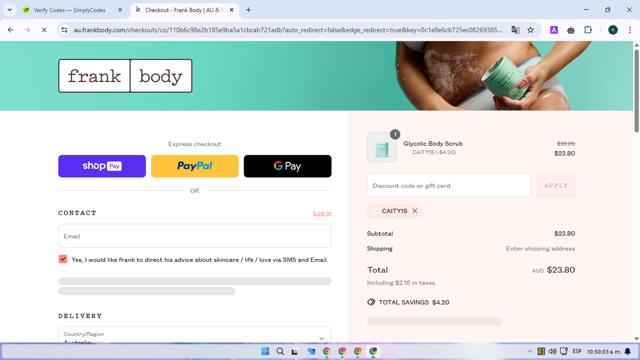 Frank Body checkout page showing Frank Body discount code box | Screenshot taken by SimplyCodes community member on Mar 28, 2025