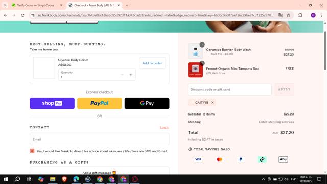 Frank Body checkout page showing Frank Body discount code box | Screenshot taken by SimplyCodes community member on Mar 8, 2025