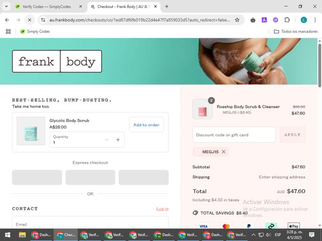 Frank Body checkout page showing Frank Body discount code box | Screenshot taken by SimplyCodes community member on May 4, 2025