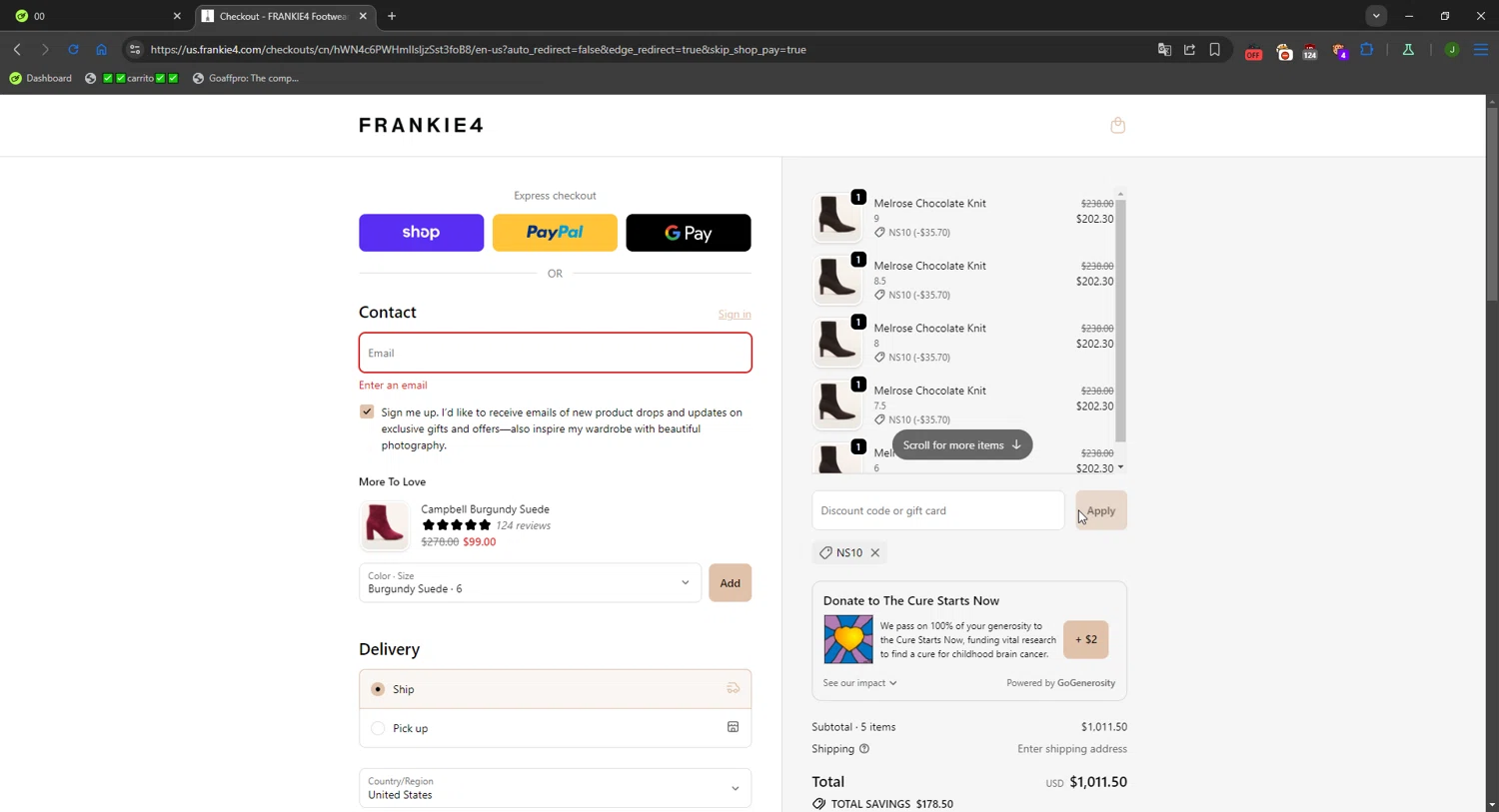Frankie4 US promo code screenshot showing code NS10 applied at Frankie4 US checkout page. Uploaded by SimplyCodes community member FortunateWizard717 on Oct 27, 2025