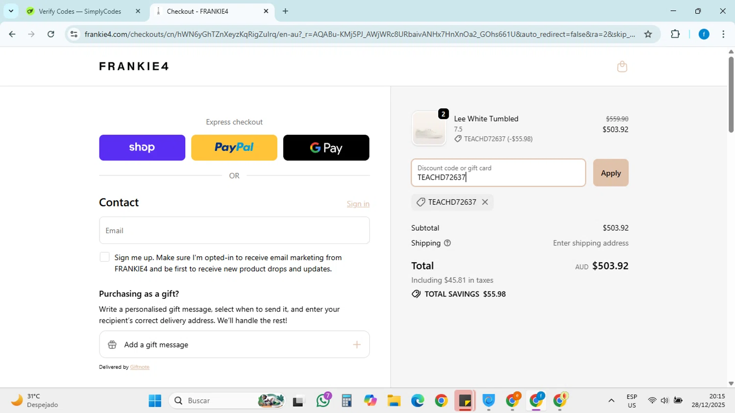 Frankie4 US promo code screenshot showing code TEACHD72637 applied at Frankie4 US checkout page. Uploaded by SimplyCodes community member FRANCYCASERES12 on Dec 29, 2025