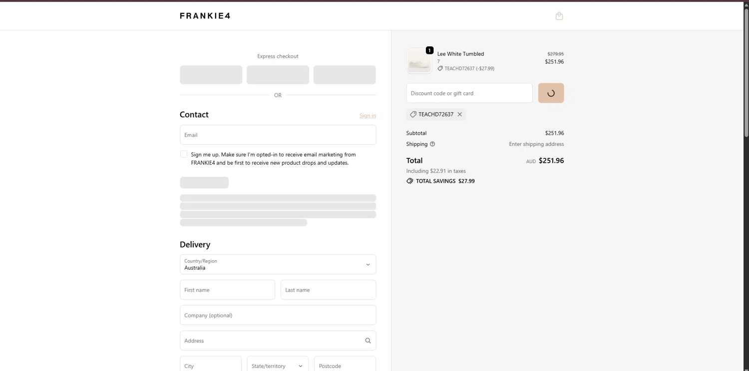 Frankie4 US checkout page showing Frankie4 US promo code box | Screenshot taken by SimplyCodes community member on Jan 3, 2026