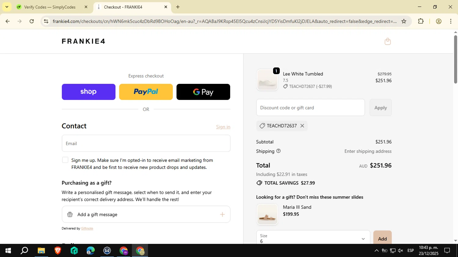 Frankie4 US promo code screenshot showing code TEACHD72637 applied at Frankie4 US checkout page. Uploaded by SimplyCodes community member NobleSeeker3177 on Dec 24, 2025