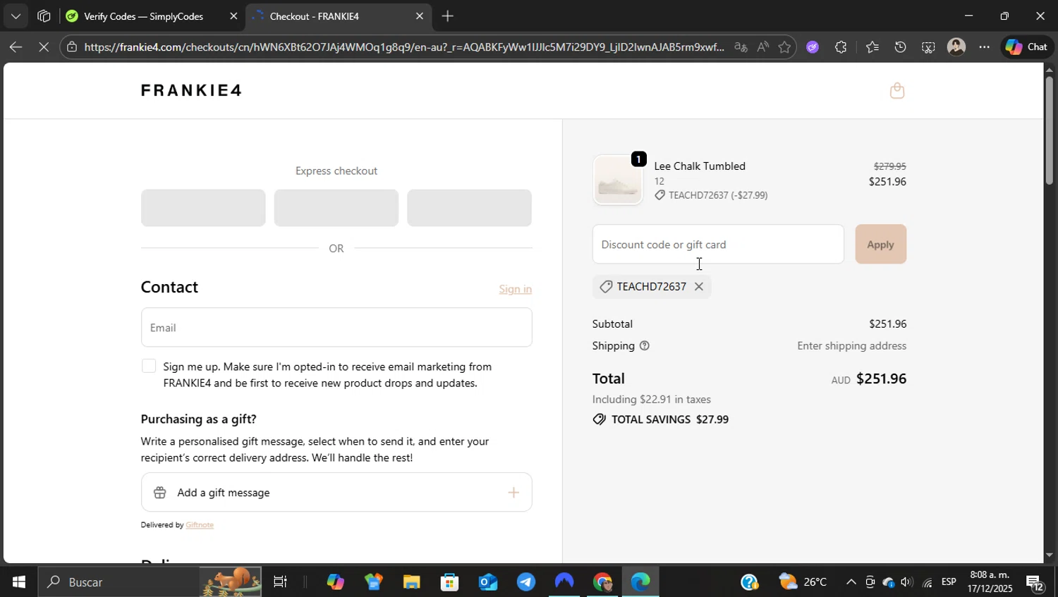 Frankie4 US promo code screenshot showing code TEACHD72637 applied at Frankie4 US checkout page. Uploaded by SimplyCodes community member WonderKnight7884 on Dec 17, 2025