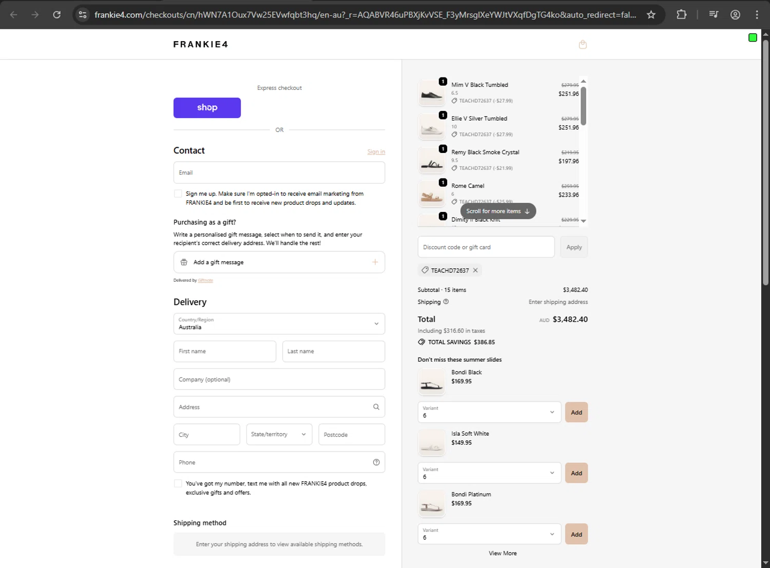 Frankie4 US checkout page showing Frankie4 US promo code box | Screenshot taken by SimplyCodes community member on Jan 3, 2026