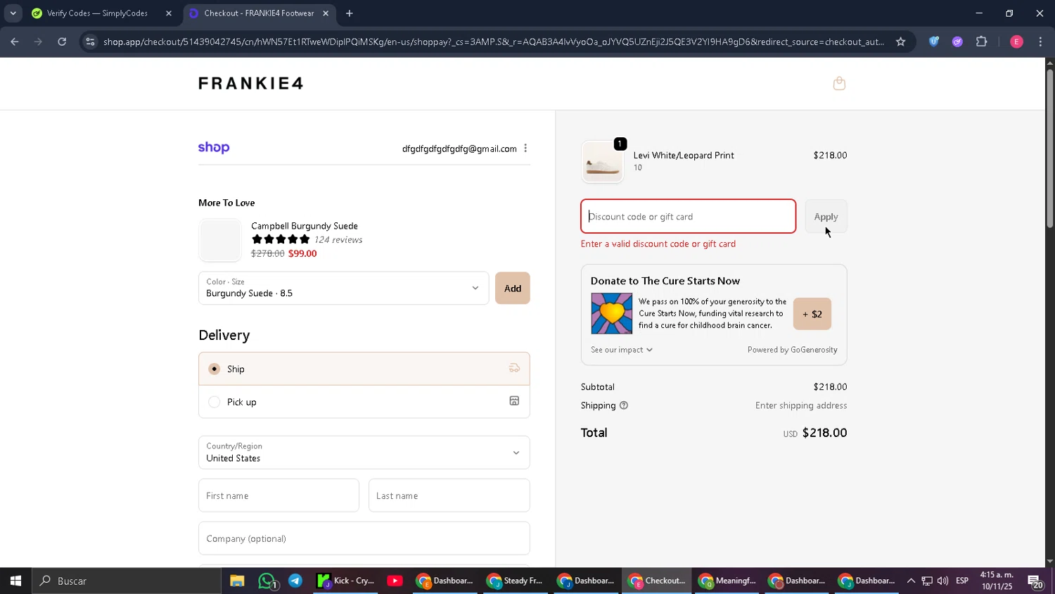 Frankie4 US promo code screenshot showing code TEACH94C984 applied at Frankie4 US checkout page. Uploaded by SimplyCodes community member CouponGuardian8137 on Nov 10, 2025