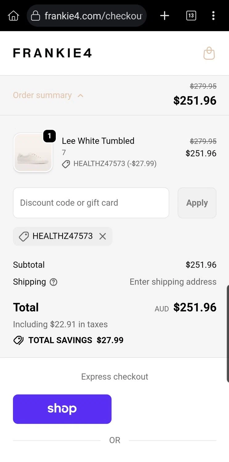 Frankie4 US promo code screenshot showing code HEALTHZ47573 applied at Frankie4 US checkout page. Uploaded by SimplyCodes community member Carloslvz on Dec 11, 2025