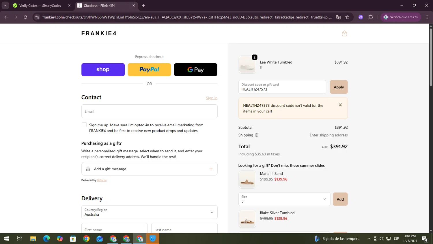 Frankie4 US promo code screenshot showing code HEALTHZ47573 applied at Frankie4 US checkout page. Uploaded by SimplyCodes community member DiscountSpotter1028 on Dec 5, 2025