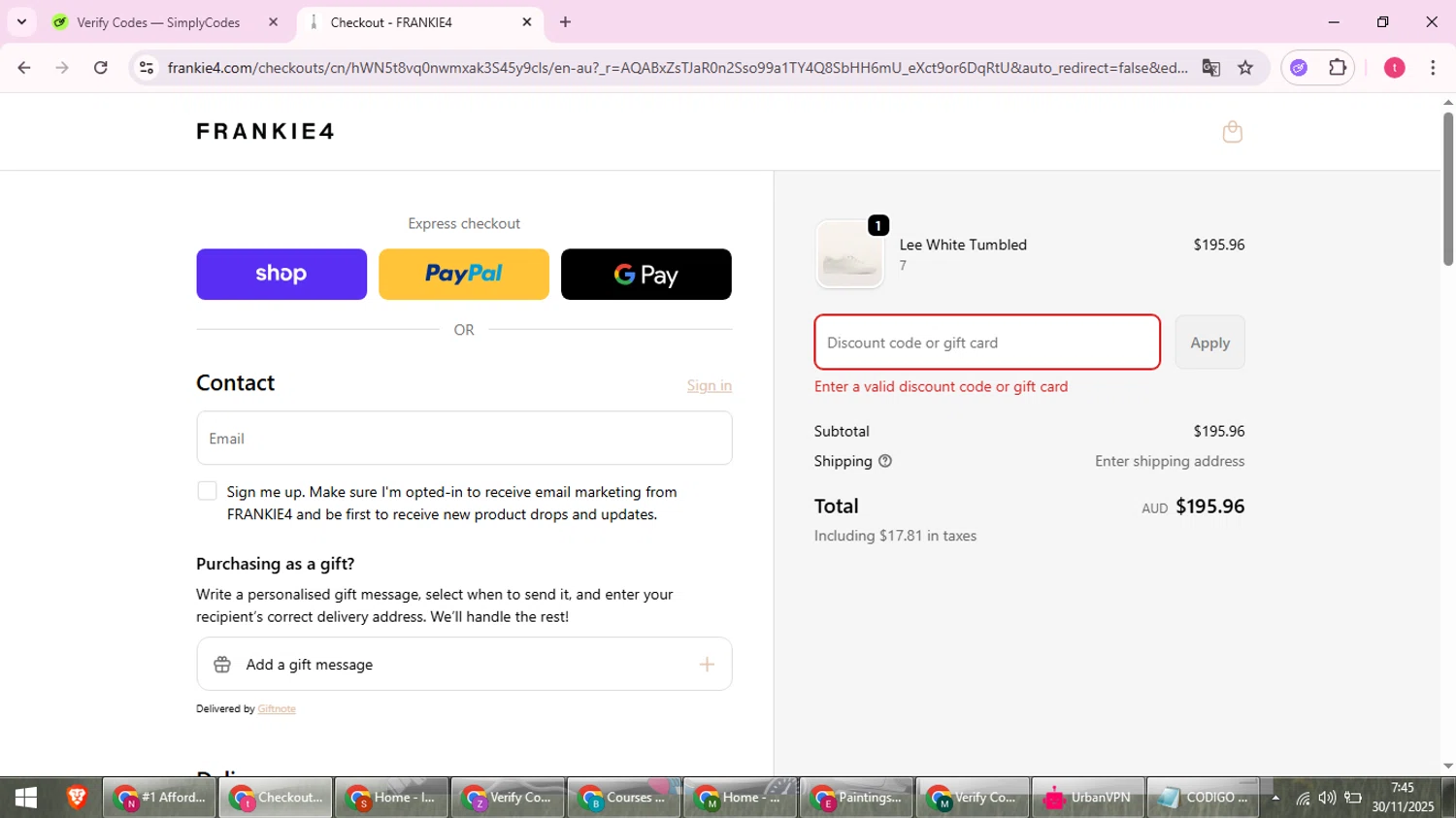 Frankie4 US promo code screenshot showing code BF30 applied at Frankie4 US checkout page. Uploaded by SimplyCodes community member ScanExpert2824 on Nov 30, 2025