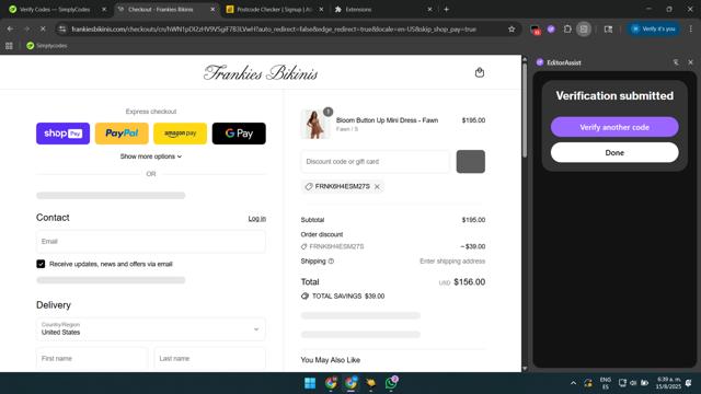 Frankies Bikinis checkout page showing Frankies Bikinis discount code box | Screenshot taken by SimplyCodes community member on Aug 15, 2025