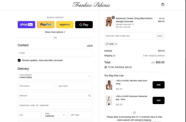 Frankies Bikinis checkout page showing Frankies Bikinis discount code box | Screenshot taken by SimplyCodes community member on Aug 28, 2025