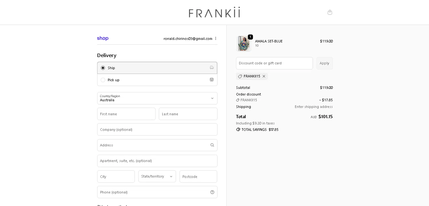 Frankii Clothing promo code screenshot showing code FRANKII15 applied at Frankii Clothing checkout page. Uploaded by SimplyCodes community member CodeExpert7814 on Dec 27, 2025