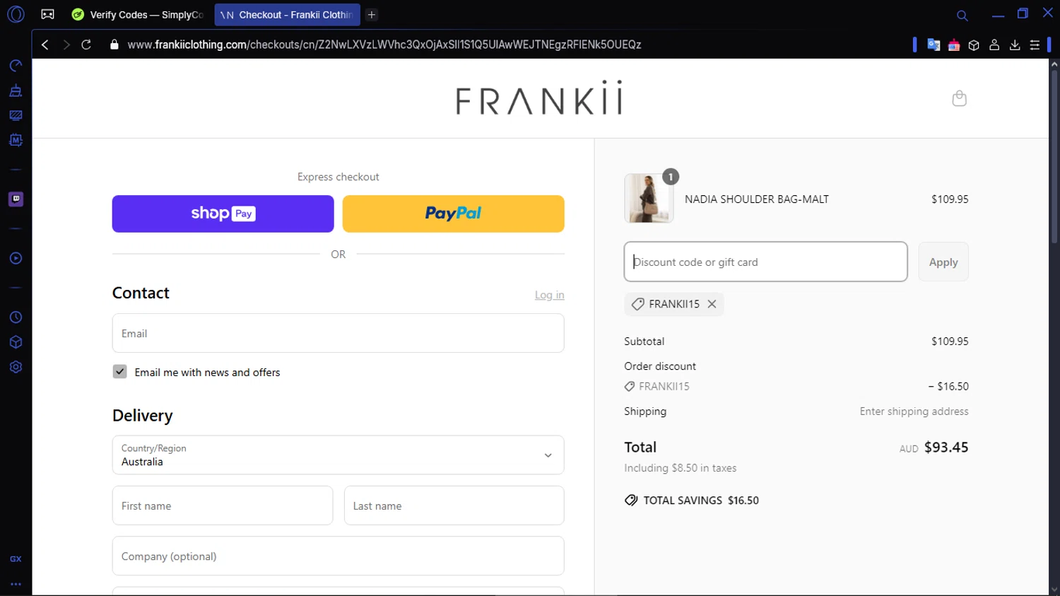 Frankii Clothing promo code screenshot showing code FRANKII15 applied at Frankii Clothing checkout page. Uploaded by SimplyCodes community member ACIDOSULFURICO on Apr 6, 2025