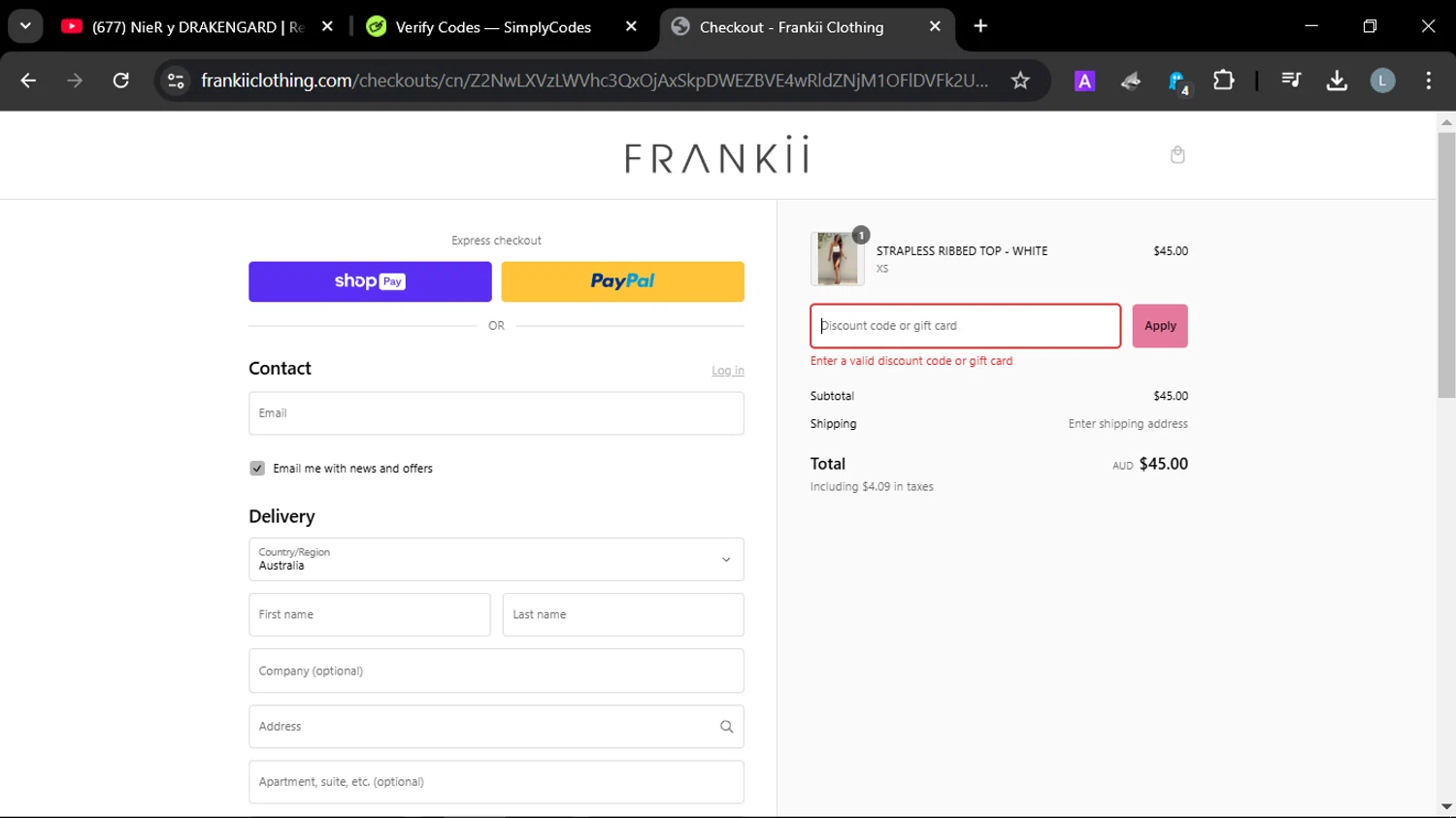Frankii Clothing promo code screenshot showing code 15YAY applied at Frankii Clothing checkout page. Uploaded by SimplyCodes community member JuanChi on Jan 24, 2025