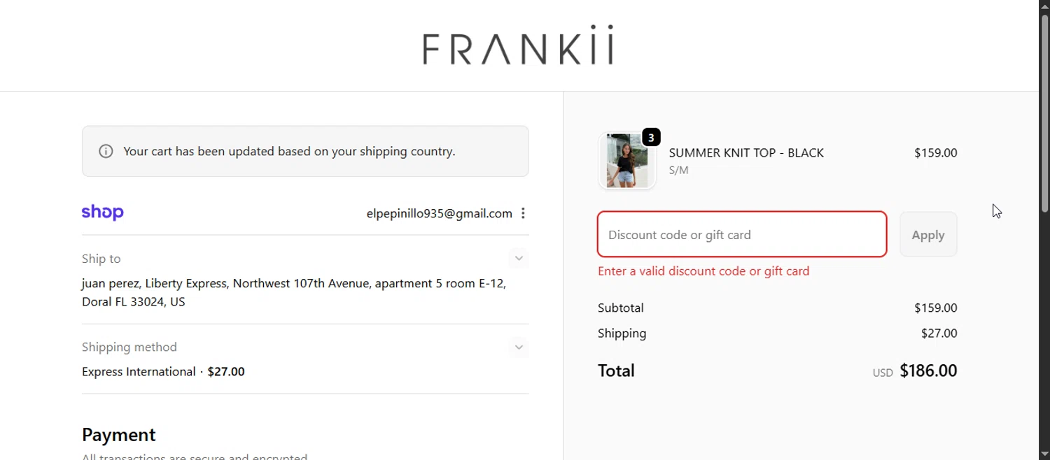 Frankii Clothing promo code screenshot showing code SHAN15 applied at Frankii Clothing checkout page. Uploaded by SimplyCodes community member Enmanuel99 on Oct 14, 2025