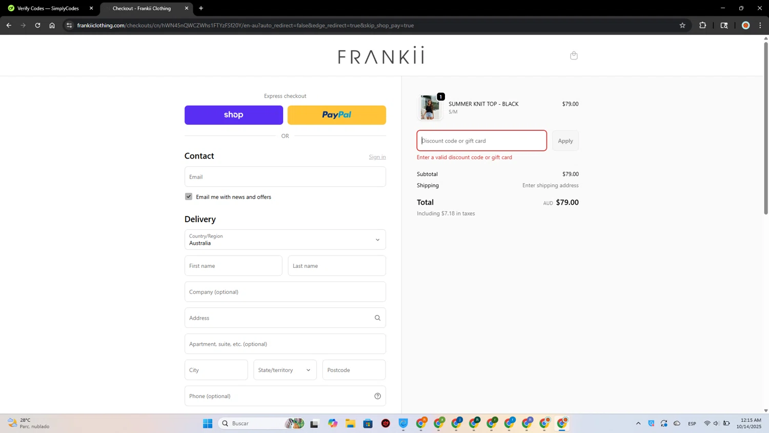 Frankii Clothing promo code screenshot showing code SHAN15 applied at Frankii Clothing checkout page. Uploaded by SimplyCodes community member MagnificentExpert2705 on Oct 14, 2025