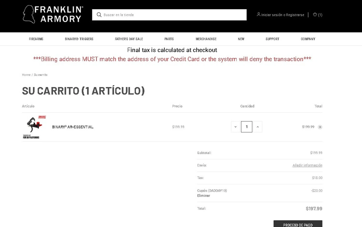 Franklin Armory promo code screenshot showing code DADDAY10 applied at Franklin Armory checkout page. Uploaded by SimplyCodes community member LAMINEJAMAL on Jun 19, 2026