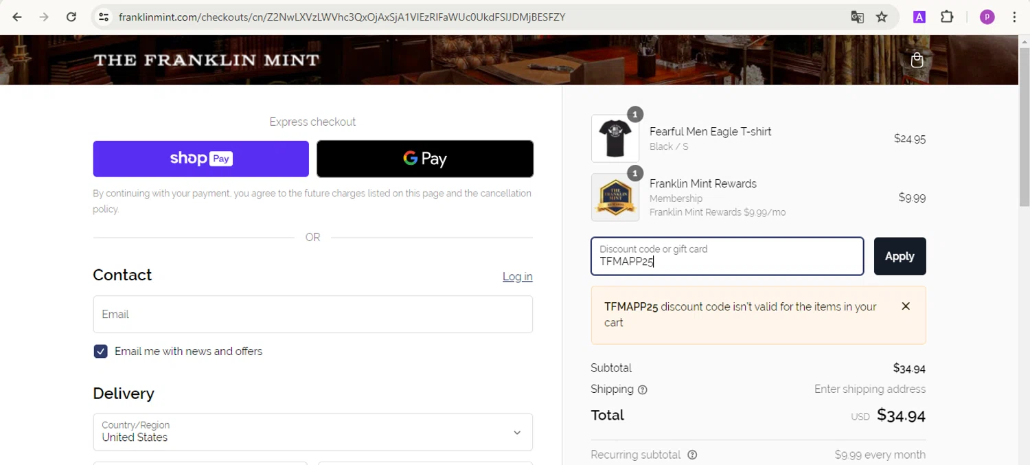 Franklin Mint checkout page showing Franklin Mint promo code box | Screenshot taken by SimplyCodes community member on Jun 12, 2024