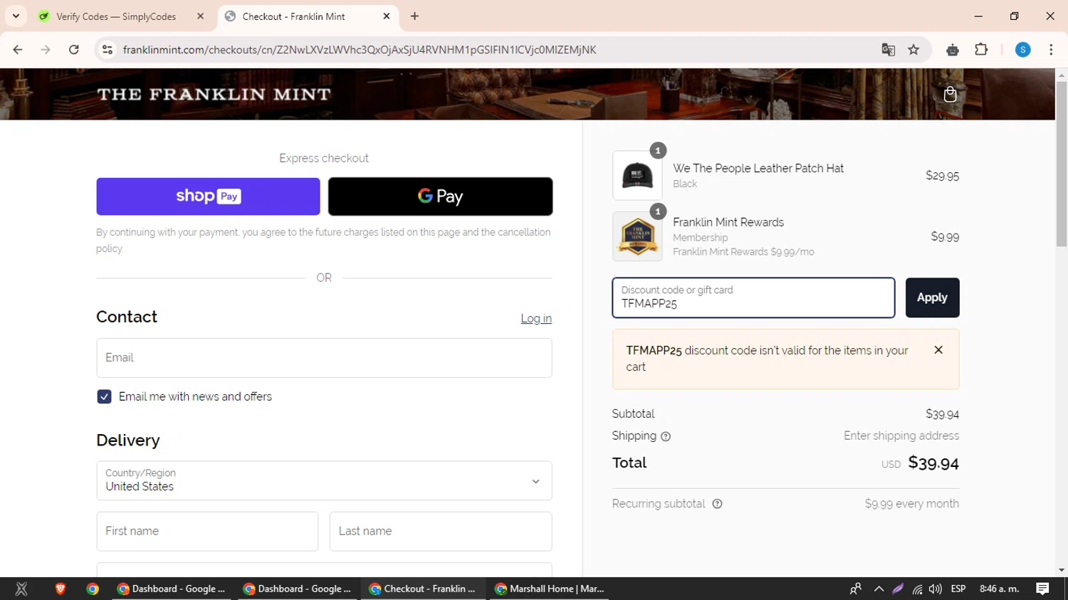 Franklin Mint checkout page showing Franklin Mint promo code box | Screenshot taken by SimplyCodes community member on Aug 14, 2024