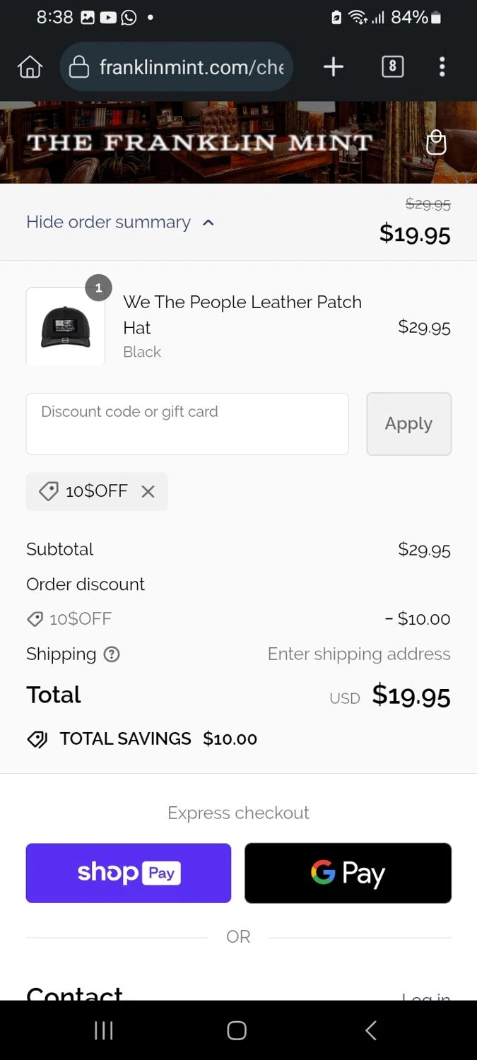 Franklin Mint checkout page showing Franklin Mint promo code box | Screenshot taken by SimplyCodes community member on Aug 14, 2024