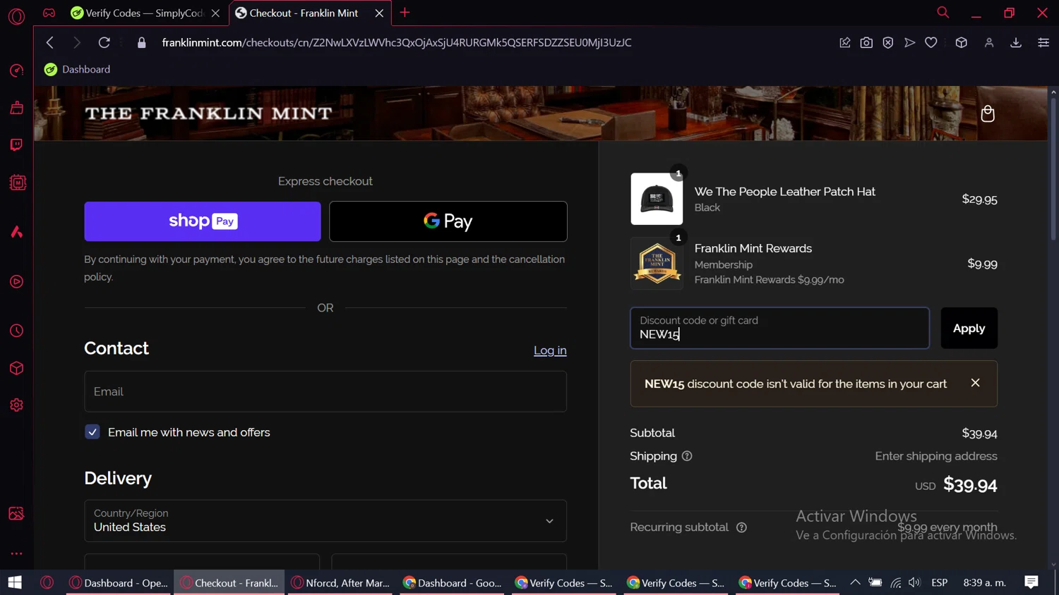 Franklin Mint checkout page showing Franklin Mint promo code box | Screenshot taken by SimplyCodes community member on Aug 14, 2024