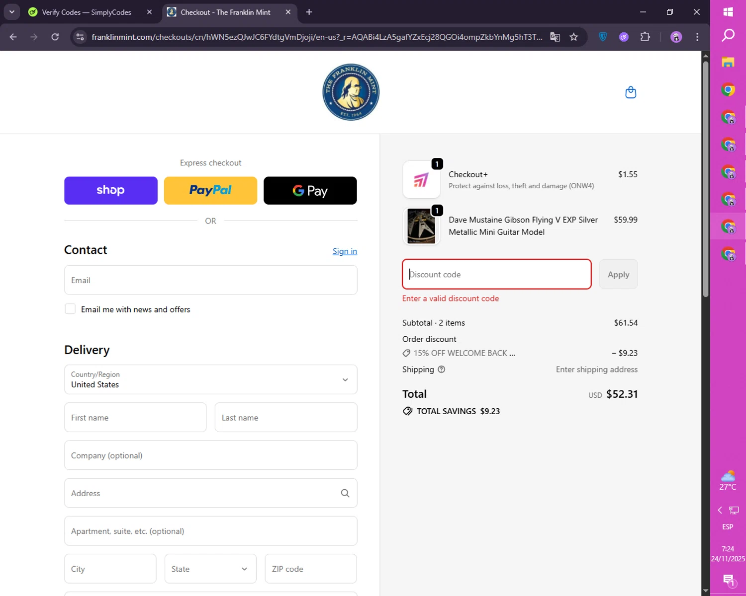 Franklin Mint promo code screenshot showing code SAVE15 applied at Franklin Mint checkout page. Uploaded by SimplyCodes community member FortunateScholar4524 on Nov 24, 2025