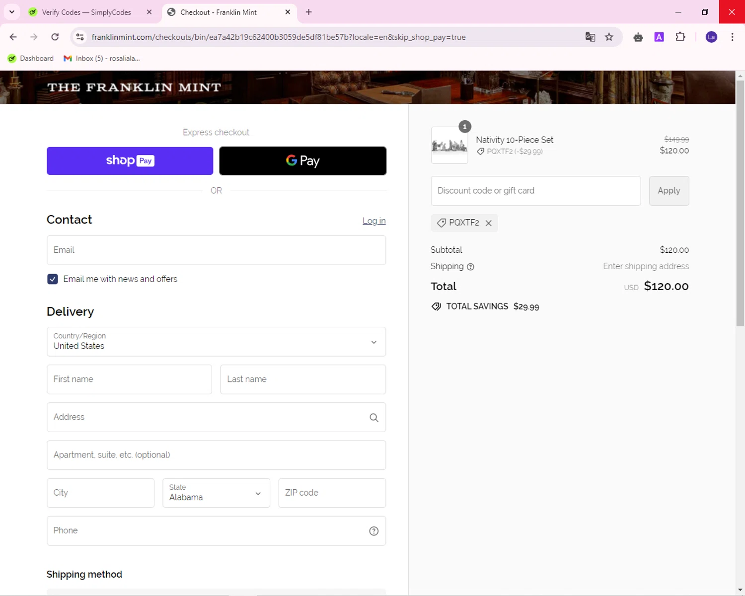 Franklin Mint checkout page showing Franklin Mint promo code box | Screenshot taken by SimplyCodes community member on Aug 14, 2024