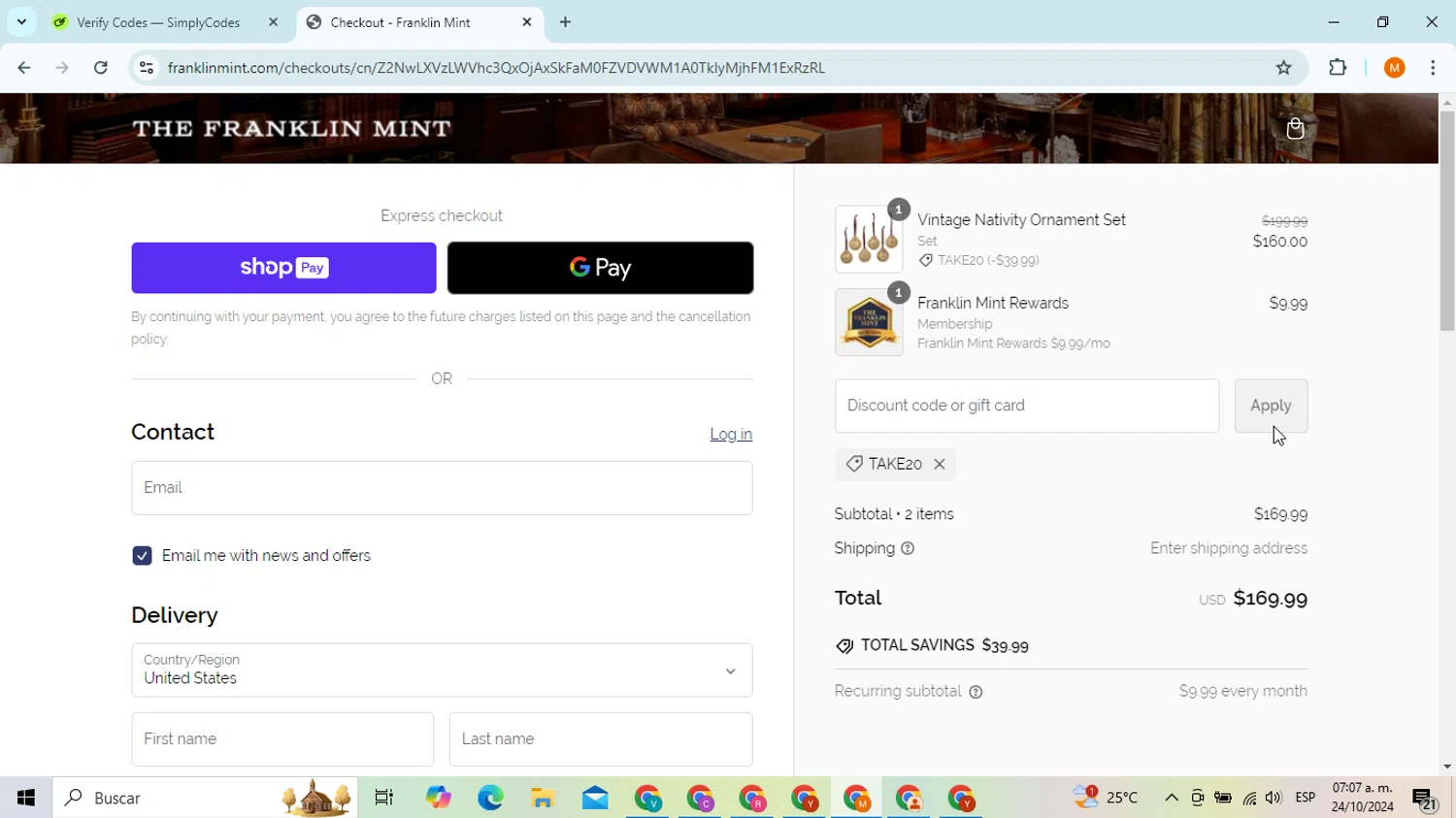 Franklin Mint checkout page showing Franklin Mint promo code box | Screenshot taken by SimplyCodes community member on Oct 24, 2024