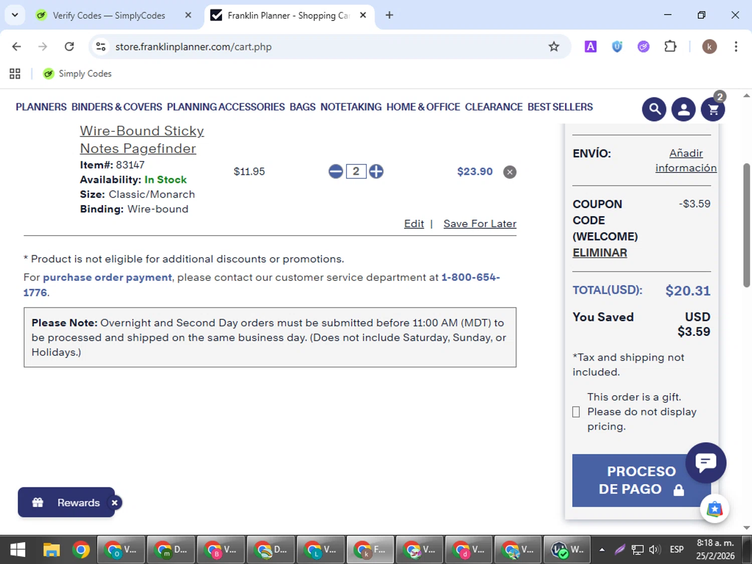 Franklin Planner promo code screenshot showing code welcome applied at Franklin Planner checkout page. Uploaded by SimplyCodes community member RewardRanger298 on Feb 25, 2026